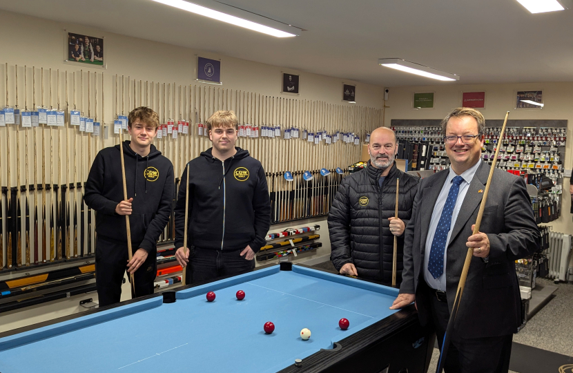 Ollie Wordley, Seth Woodhouse, Murray Phillips (owner of Cue and Dart World) and Mike Wood MP