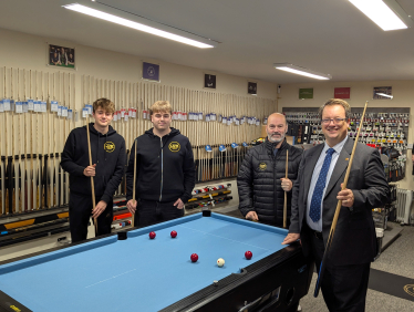 Ollie Wordley, Seth Woodhouse, Murray Phillips (owner of Cue and Dart World) and Mike Wood MP